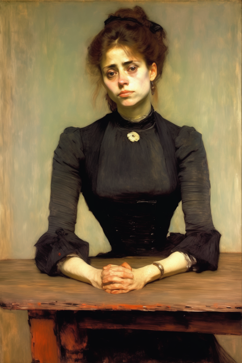 01076-2628489741-_lora_William Merritt Chase Style_1_William Merritt Chase Style - a woman with folded arms leaning on a table looking straight a.png